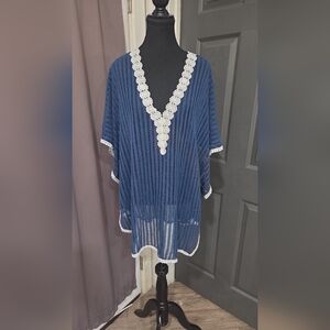 Blue Crochet Cover-Up with White Trim